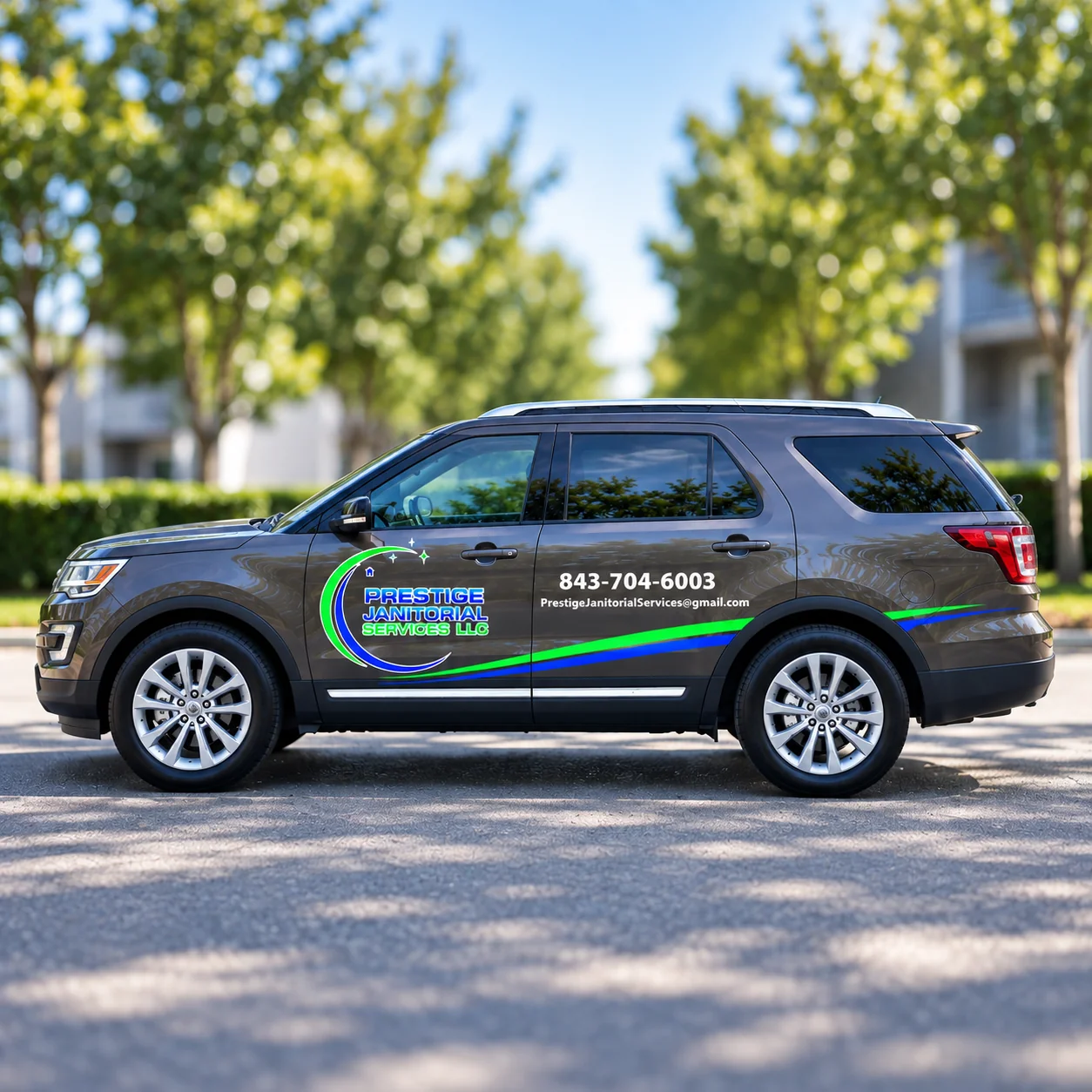 Prestige Janitorial Services branded SUV parked in Charleston