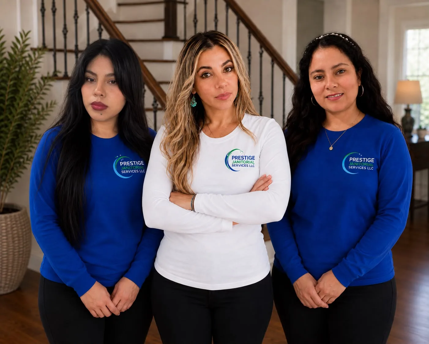 The Prestige Janitorial team standing together in company shirts